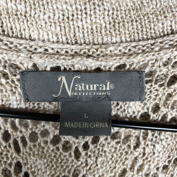 NATURAL REFLECTIONS Open Cardigan Sz L Cotton Oatmeal Open Knit Sweater Pockets - Picture 4 of 9